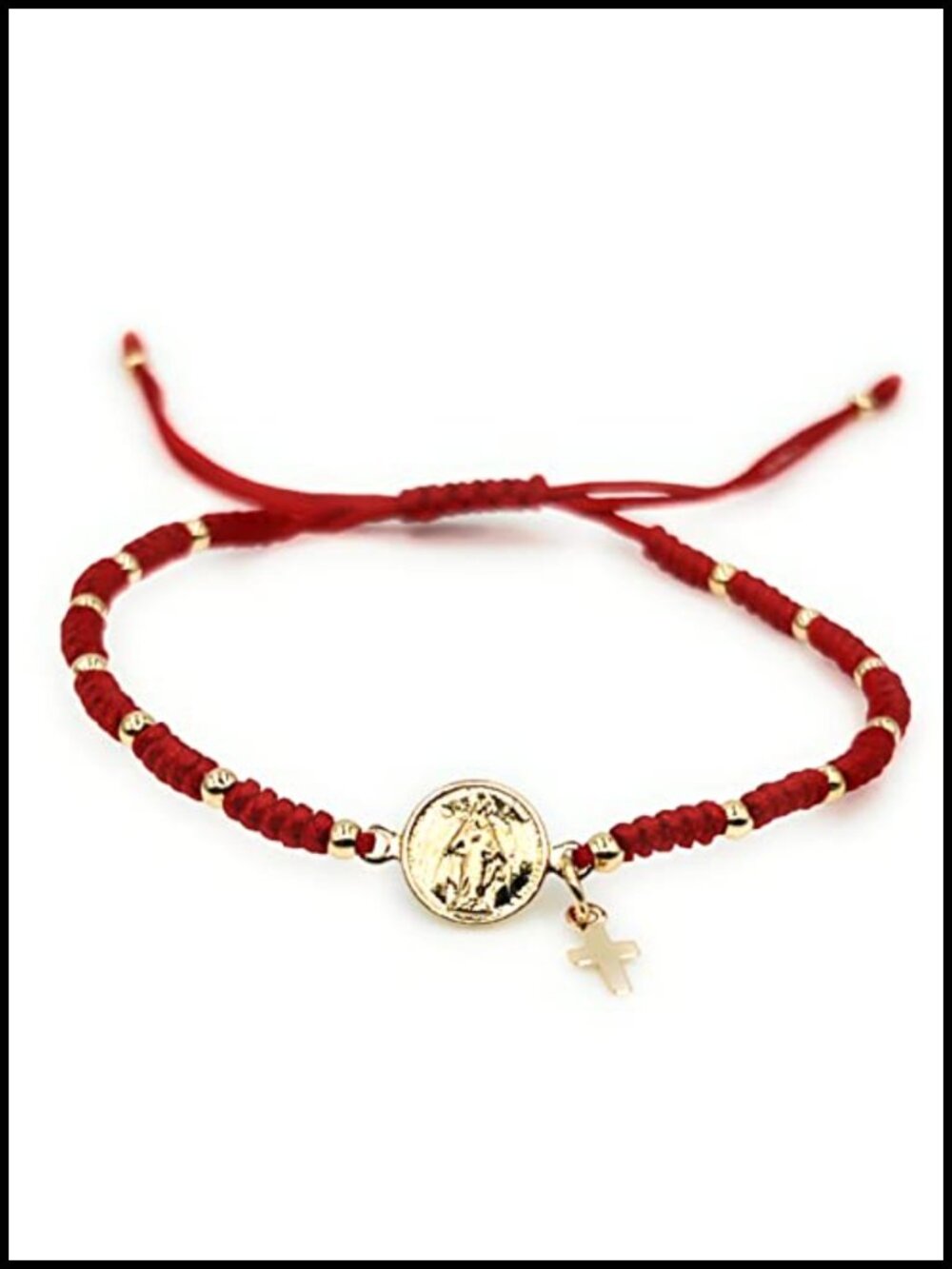Red Macrame Adjustable Bracelet with Gold Filled Beads, Virgin Mary Charm